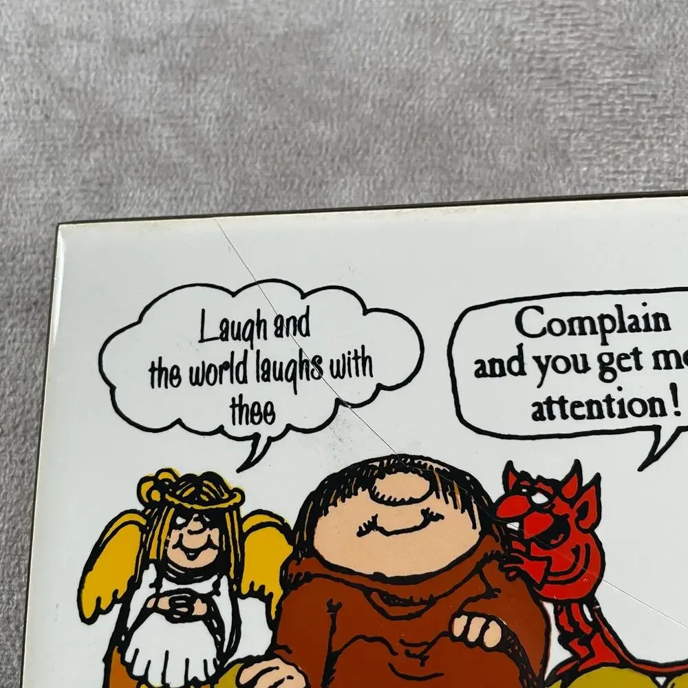 MCM Vintage Ceramic Tile Plaque Funny Monk Angel Devil Cartoon Easel Stand Decor